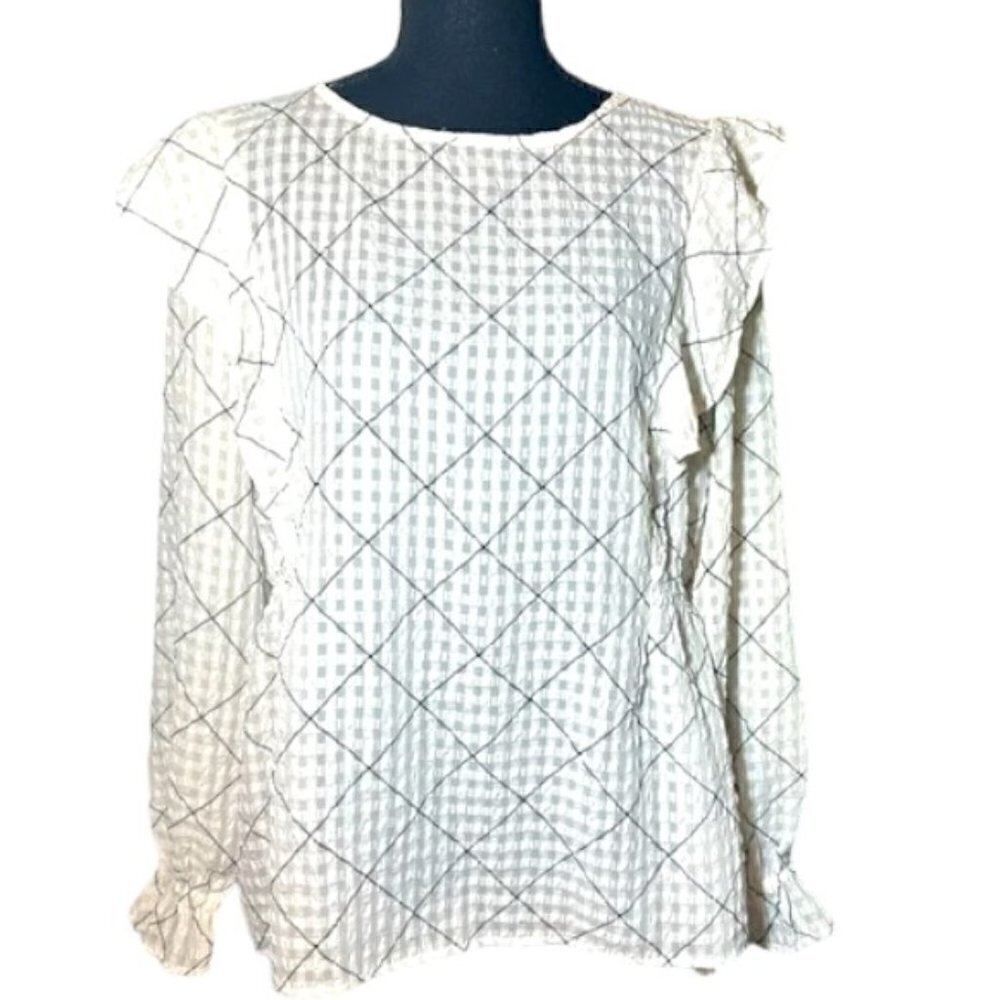 Loft Large Sheer Ruffle Black and White Blouse